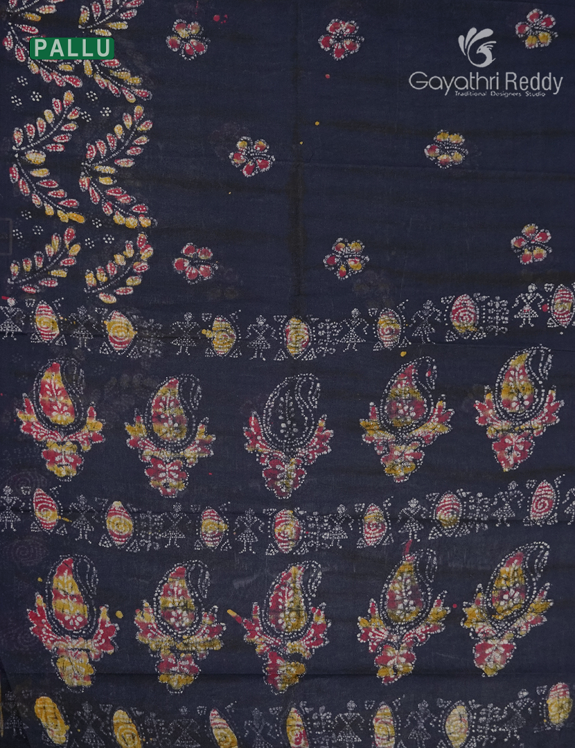 Cotton Batik Print Saree in Deep Navy Blue