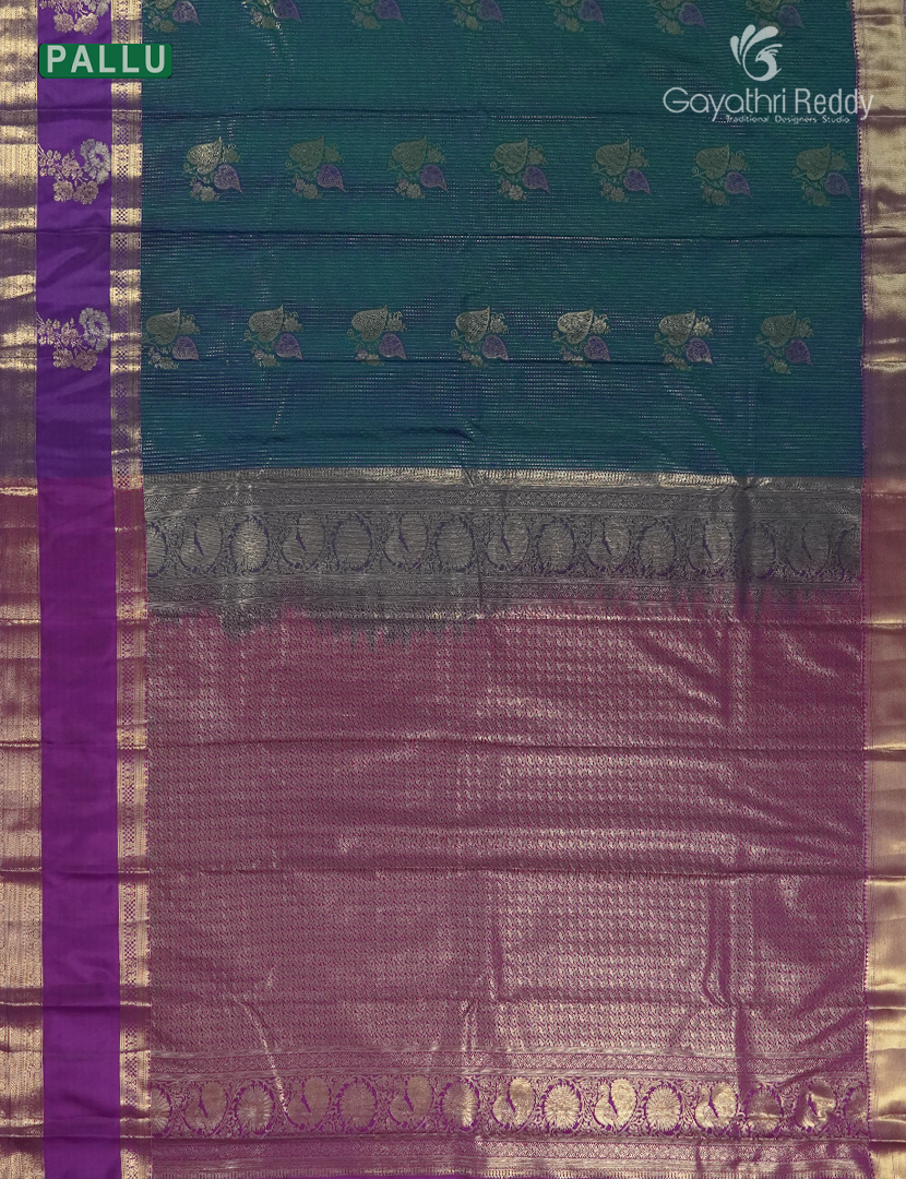 Semi Kanchipuram Silk Saree in Deep Peacock Green and Purple