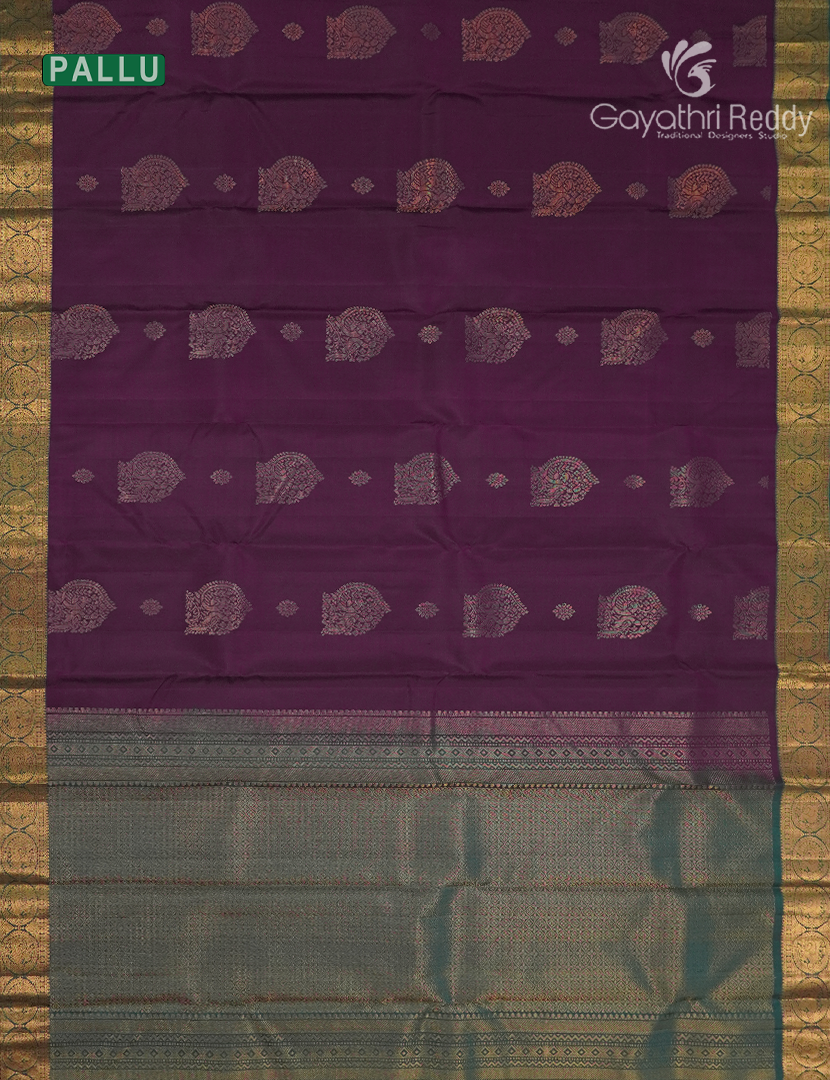 Pure Kanchipuram Silk Saree in Deep Purple and Deep Peacock Green