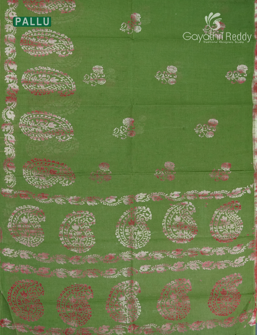 Cotton Batik Print Saree in Mehendi Green