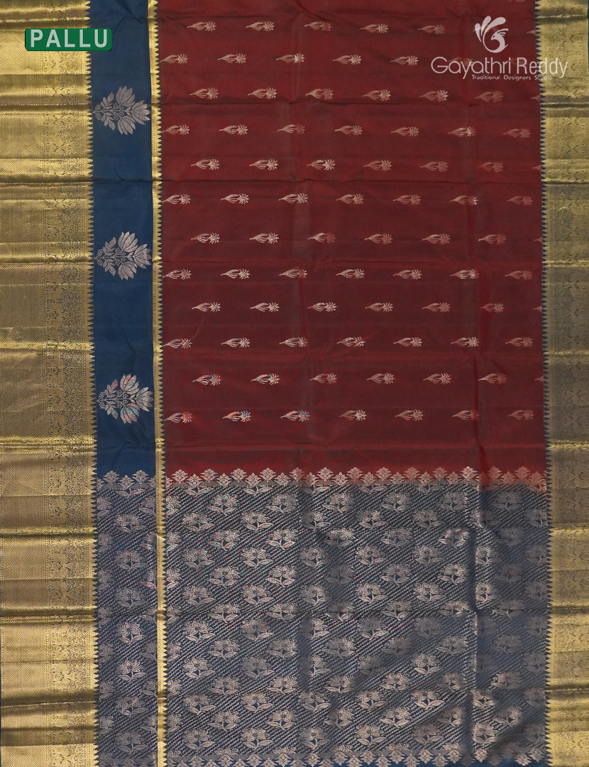Pure Kanchipuram Silk Saree in Deep Maroon and Deep Peacock Blue