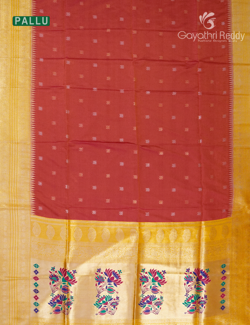 Semi Kanchipuram Art Silk Saree in Rust Red and Golden yellow