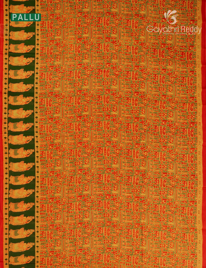 Pure MulMul Cotton Saree in Mehendi Green and Orange