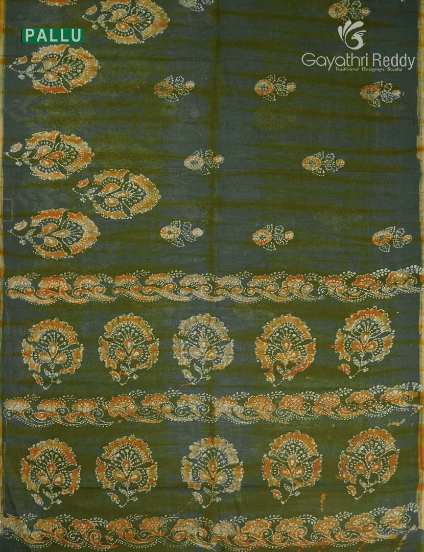 Cotton Batik Print Saree in Mehendi Green