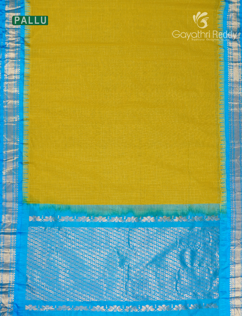 Pure Gadwal Cotton Saree in Lime Yellow and Sky Blue