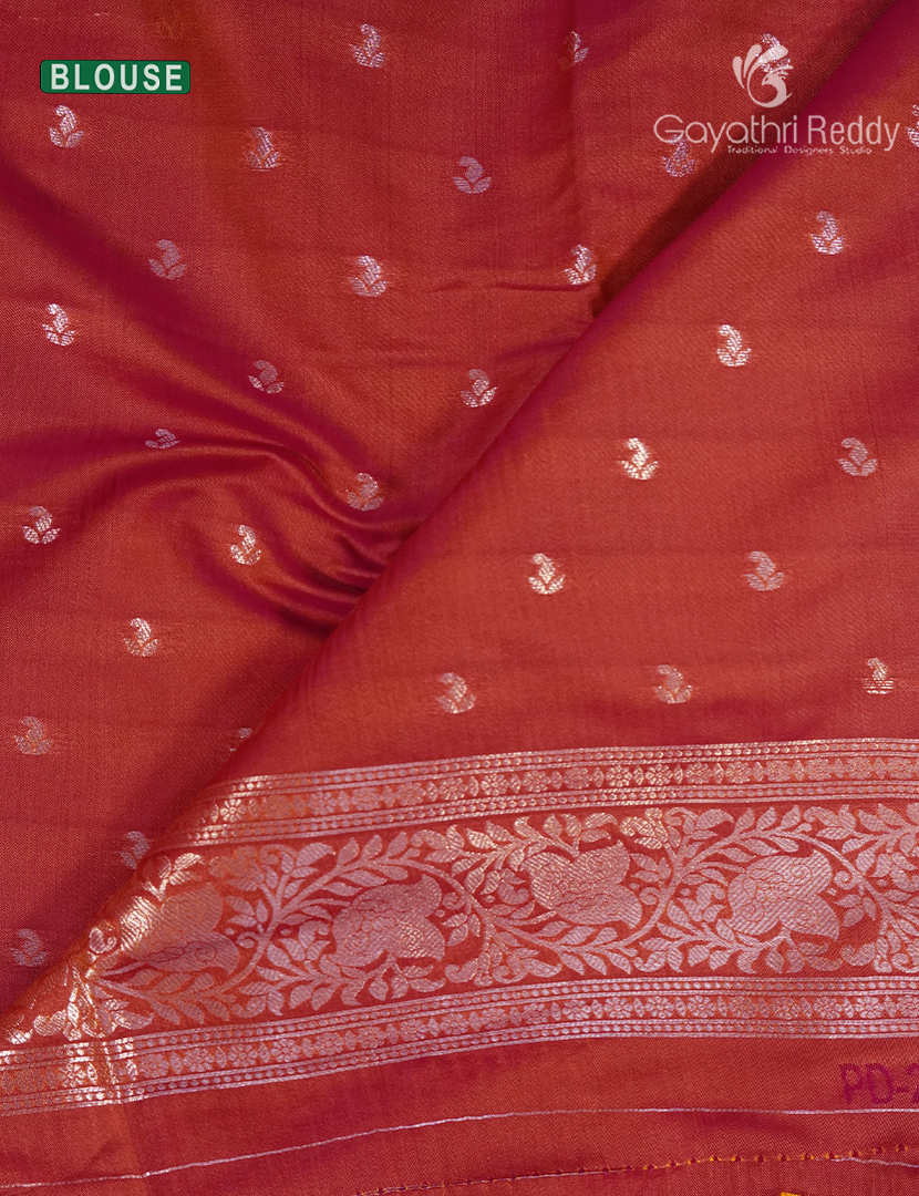 Semi Kanchipuram Art Silk Saree in Rust Red and Golden yellow
