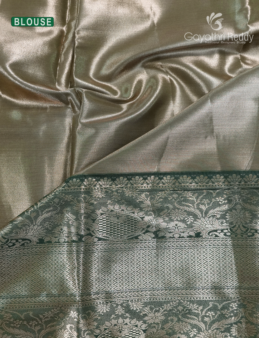 Semi Kanchipuram Silk Saree in Golden Cream and Green
