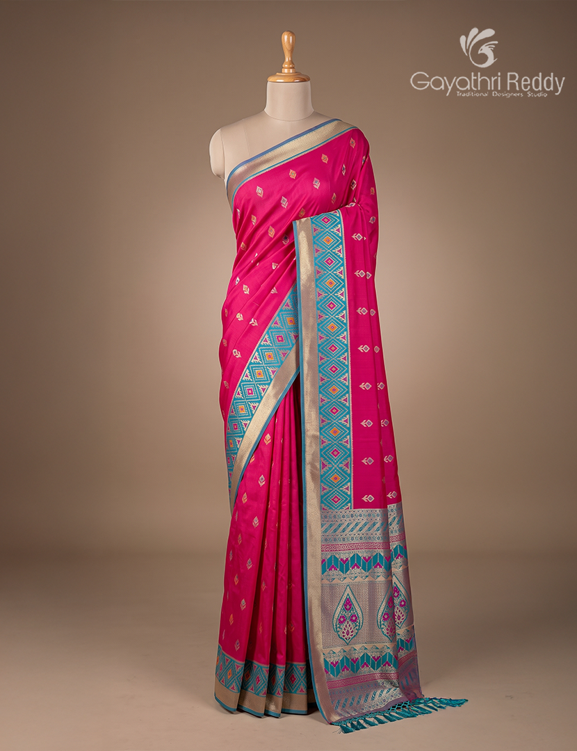 Semi Kanchipuran Silk Saree in Deep Pink and  Rama Blue
