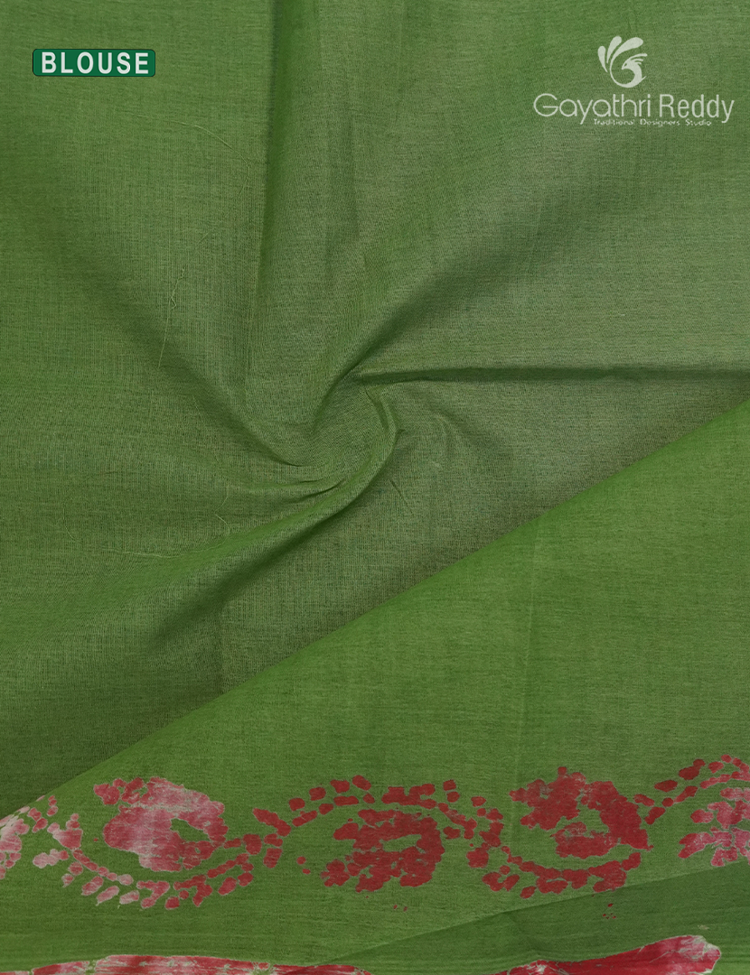 Cotton Batik Print Saree in Mehendi Green