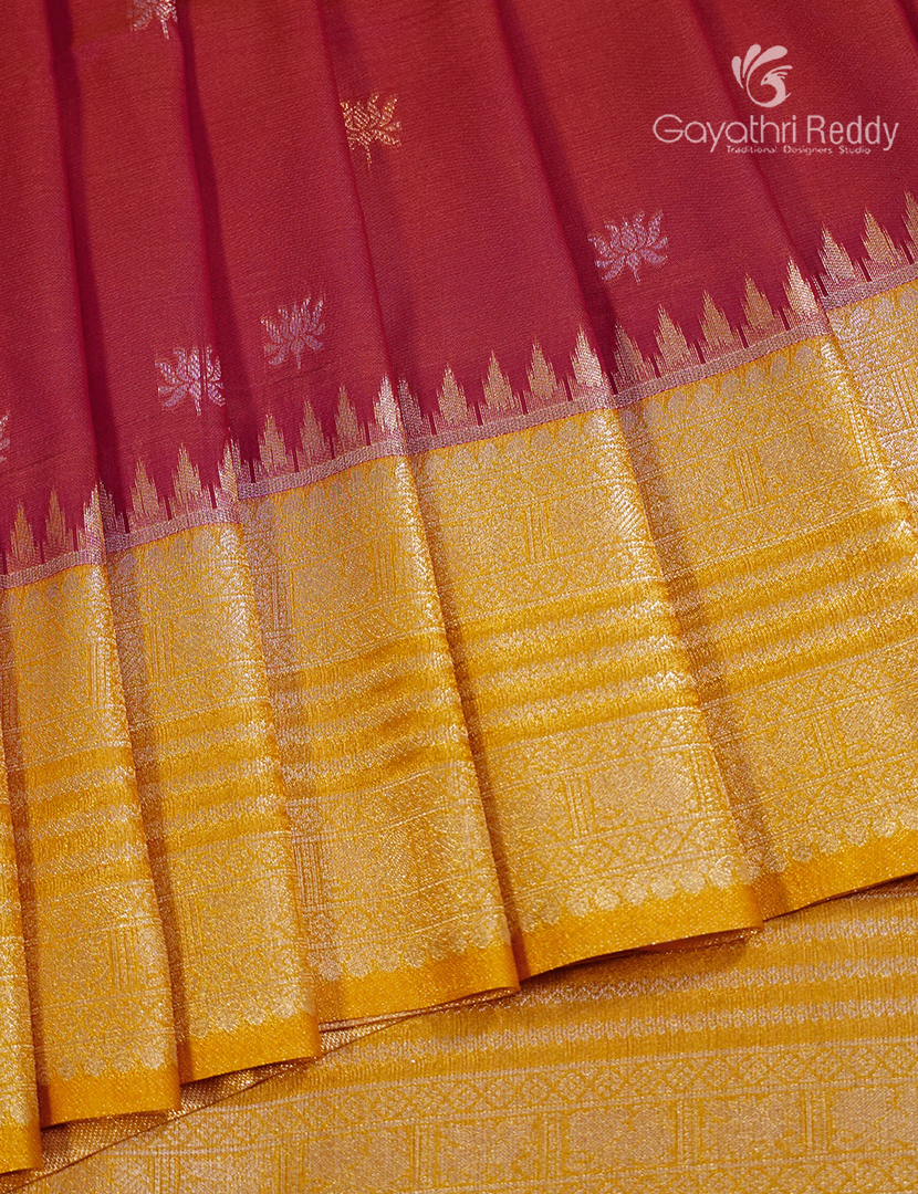 Semi Kanchipuram Art Silk Saree in Rust Red and Golden yellow