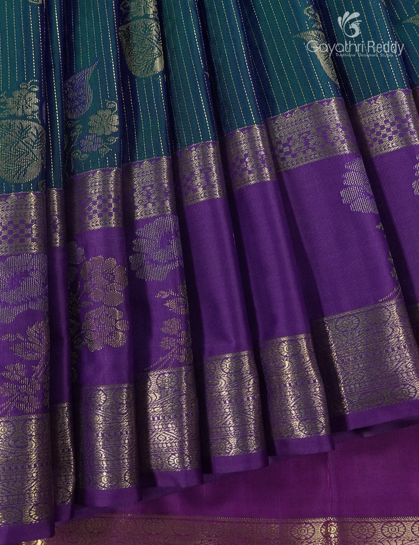 Semi Kanchipuram Silk Saree in Deep Peacock Green and Purple