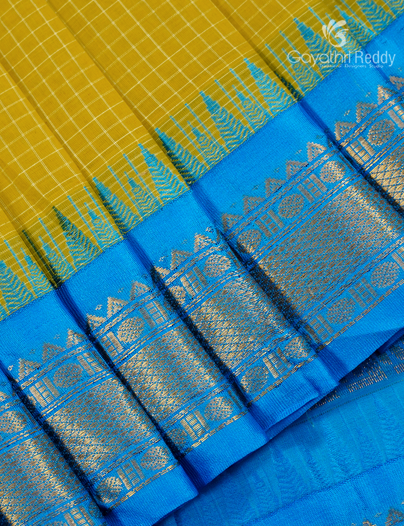Pure Gadwal Cotton Saree in Lime Yellow and Sky Blue