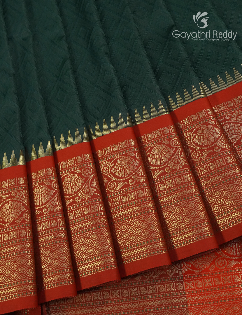 Semi Katan Silk Saree in Bottle Green and Red