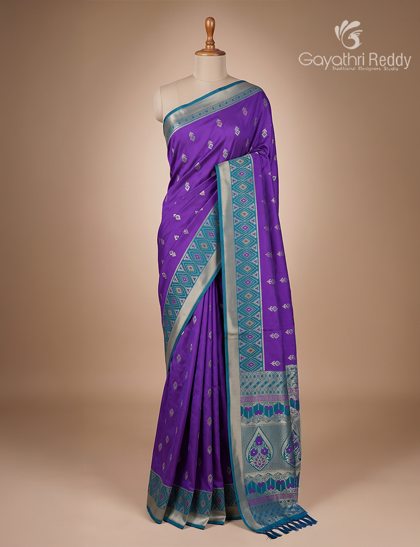 Semi Kanchipuran Silk Saree in Deep Purple and  Rama Blue