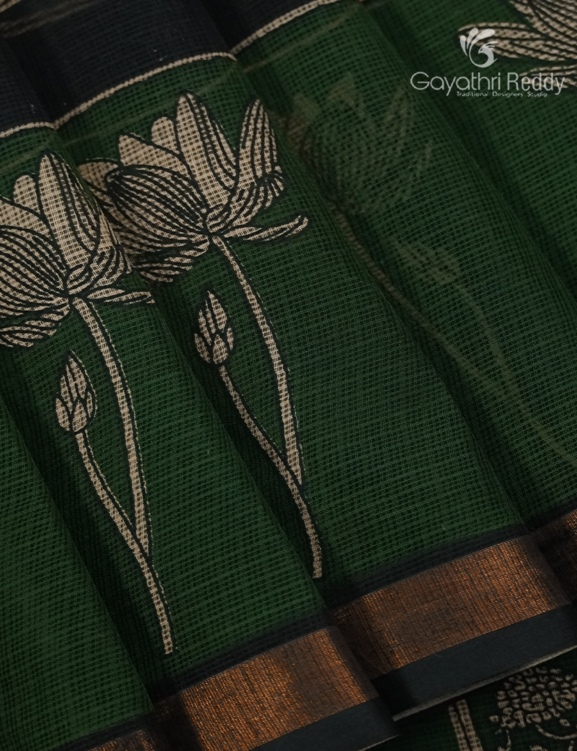 Premium Quality Cotton Kota Saree in Beige and Deep Moss Green