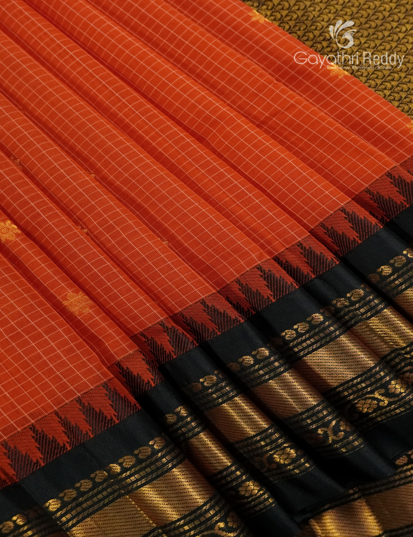 Pure Gadwal Cotton Saree in Orange and Black