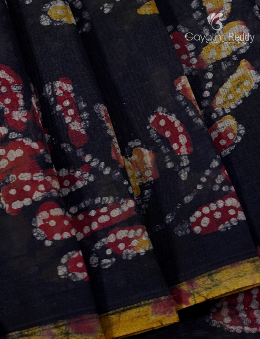Cotton Batik Print Saree in Deep Navy Blue