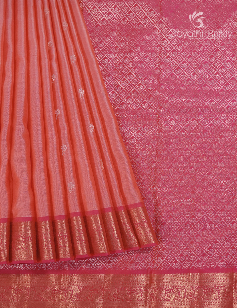 Pure Kanchipuram Silk Saree in Peach and Flamingo Pink