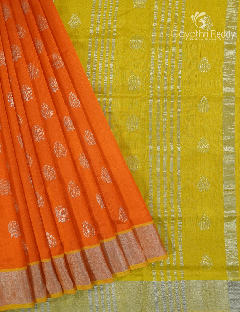 Pure Arani Sico Saree in Orange and Lime Yellow