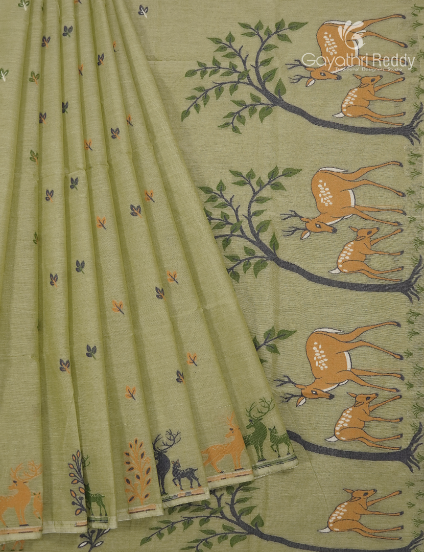 Jamdani Cotton Saree in Light Olive Green