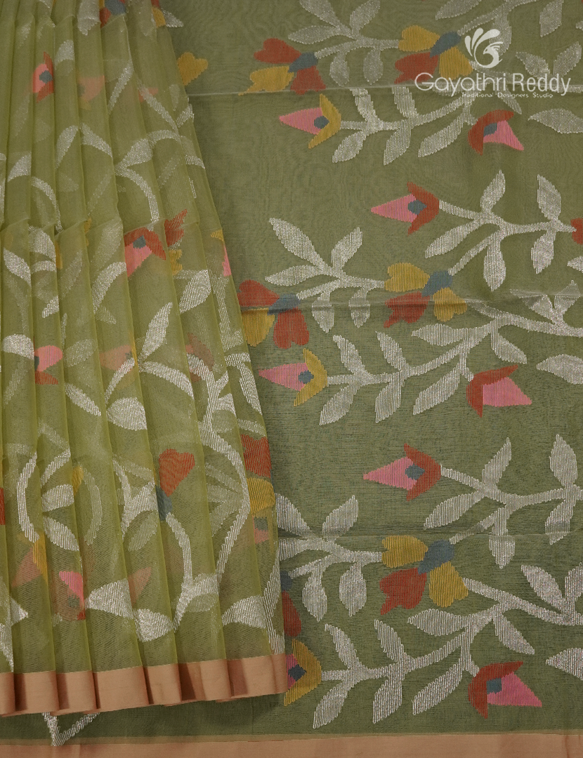 Pure Jamdani Kora Saree In Pista Green