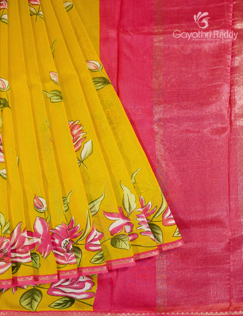 Pure Maheshwari Silk Saree in Mango Yellow and Rani Pink