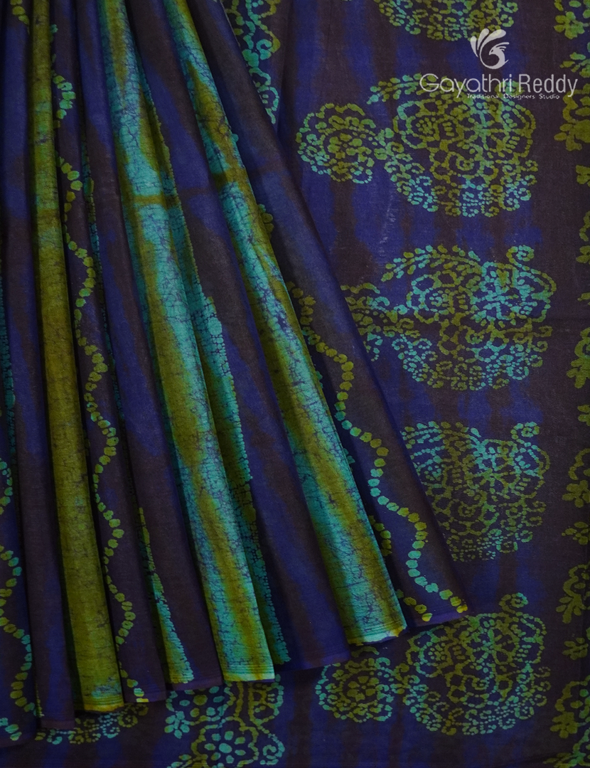 Cotton Batik Print Saree in Navy blue and Sea geen