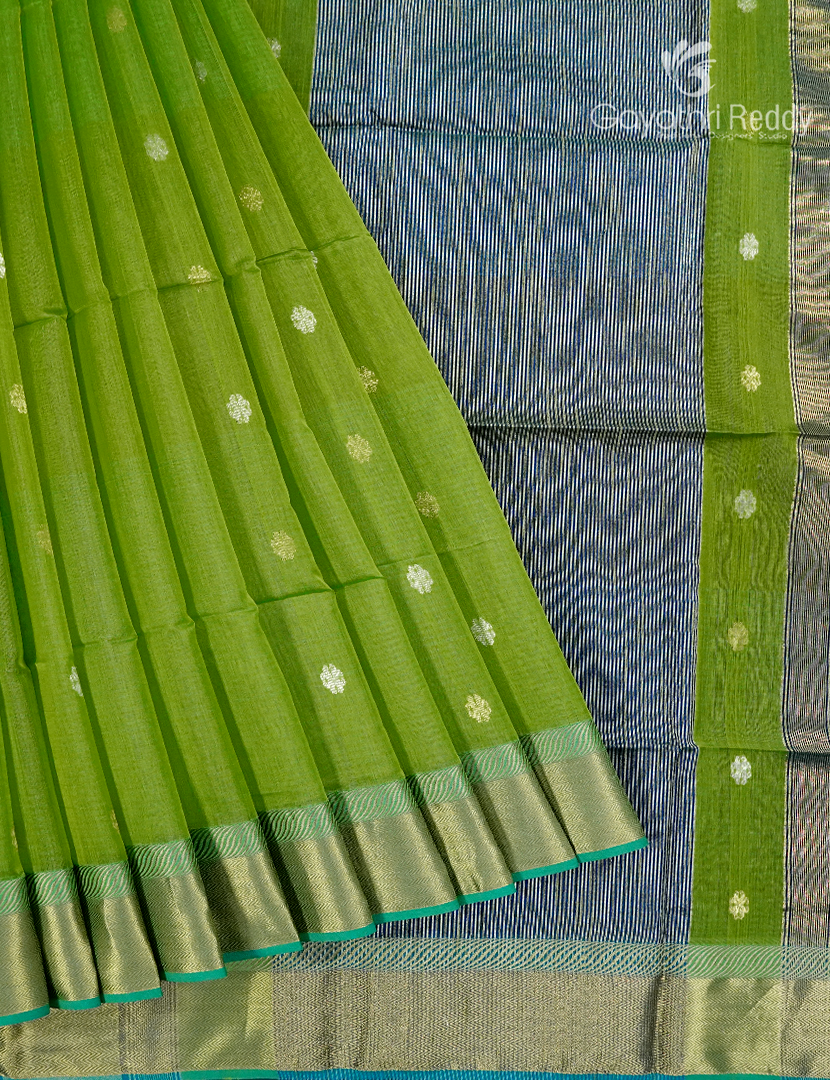 Pure Chanderi Sico Saree in Parrot Green and Navy Blue