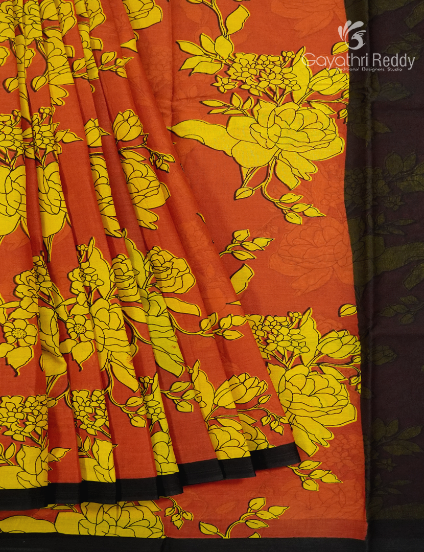 Pure MulMul Cotton Saree in Orange and Black