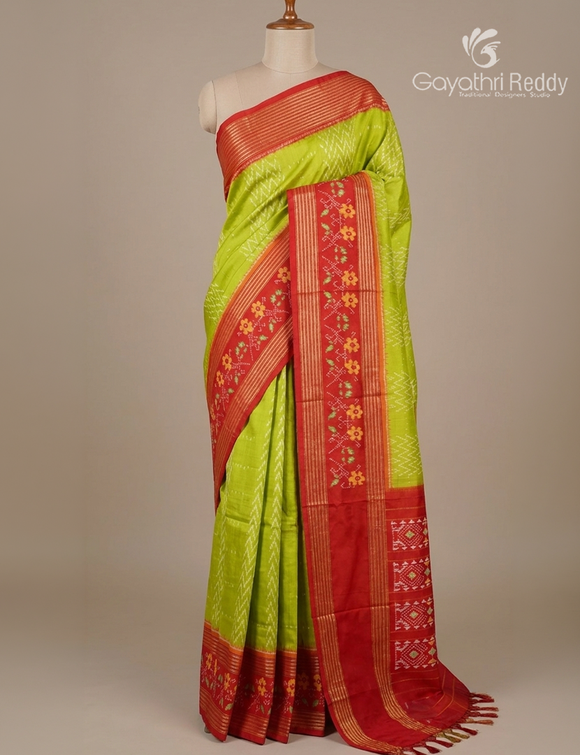 Pure Ikat Silk Saree  in Henna Green and Red