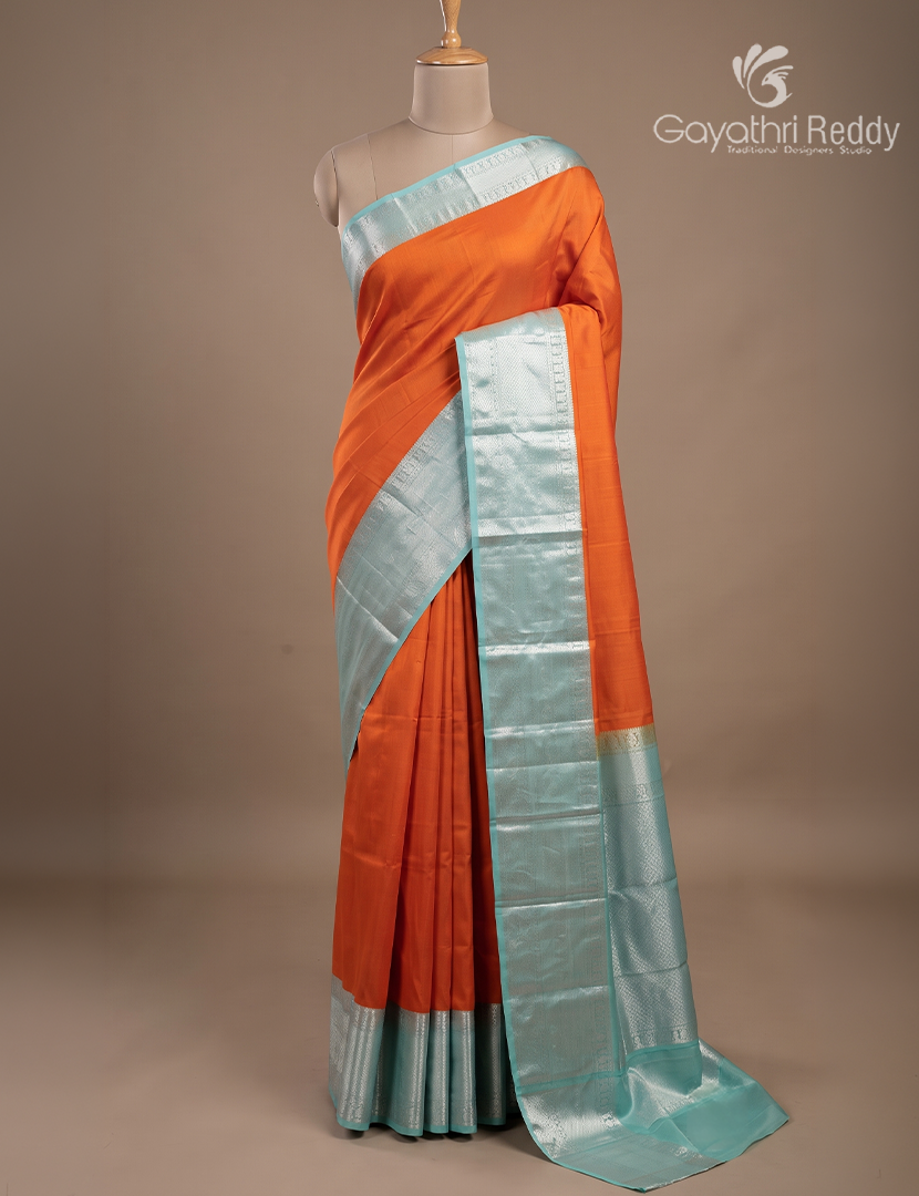 Pure Kanchipuram Vintage Silk Saree in Orange and Pastel Sea Blue