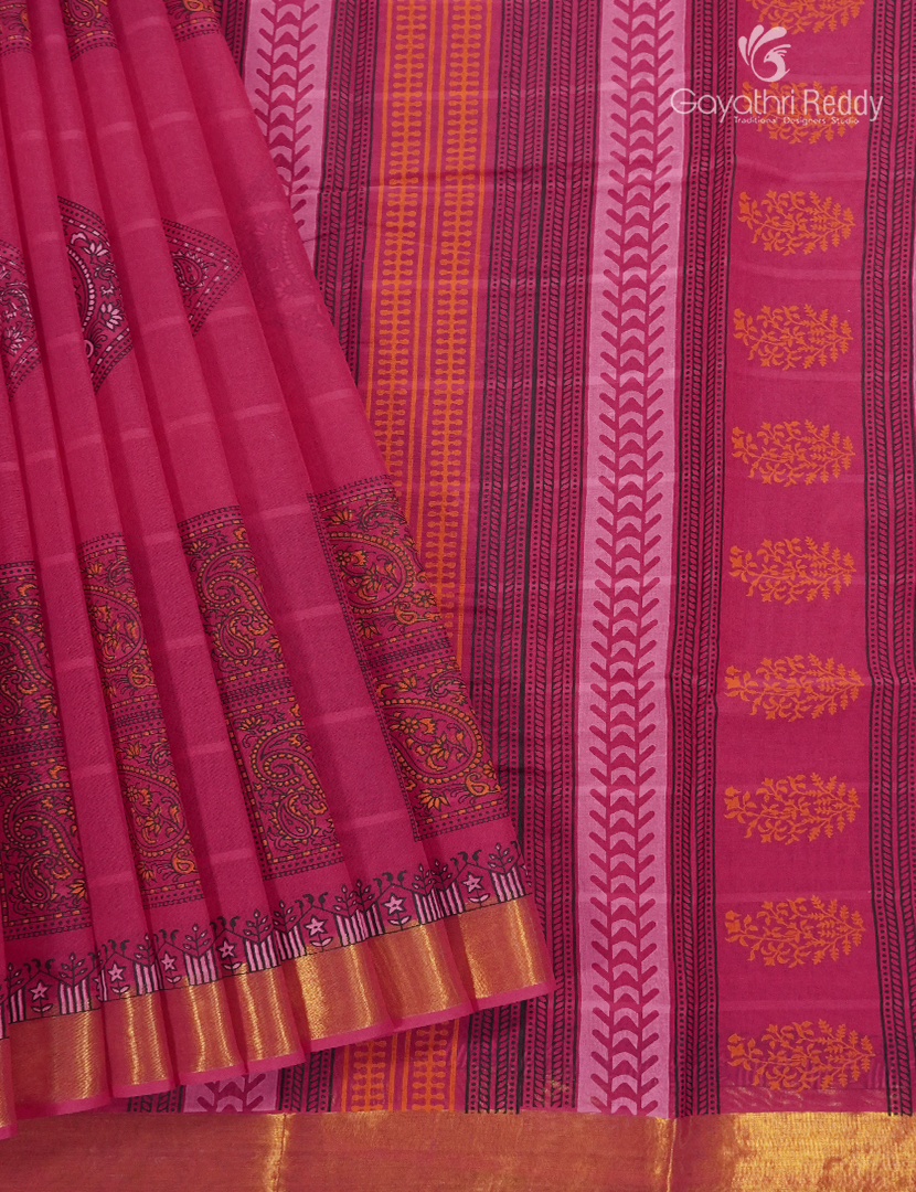 Cotton Printed Saree in Rani Pink