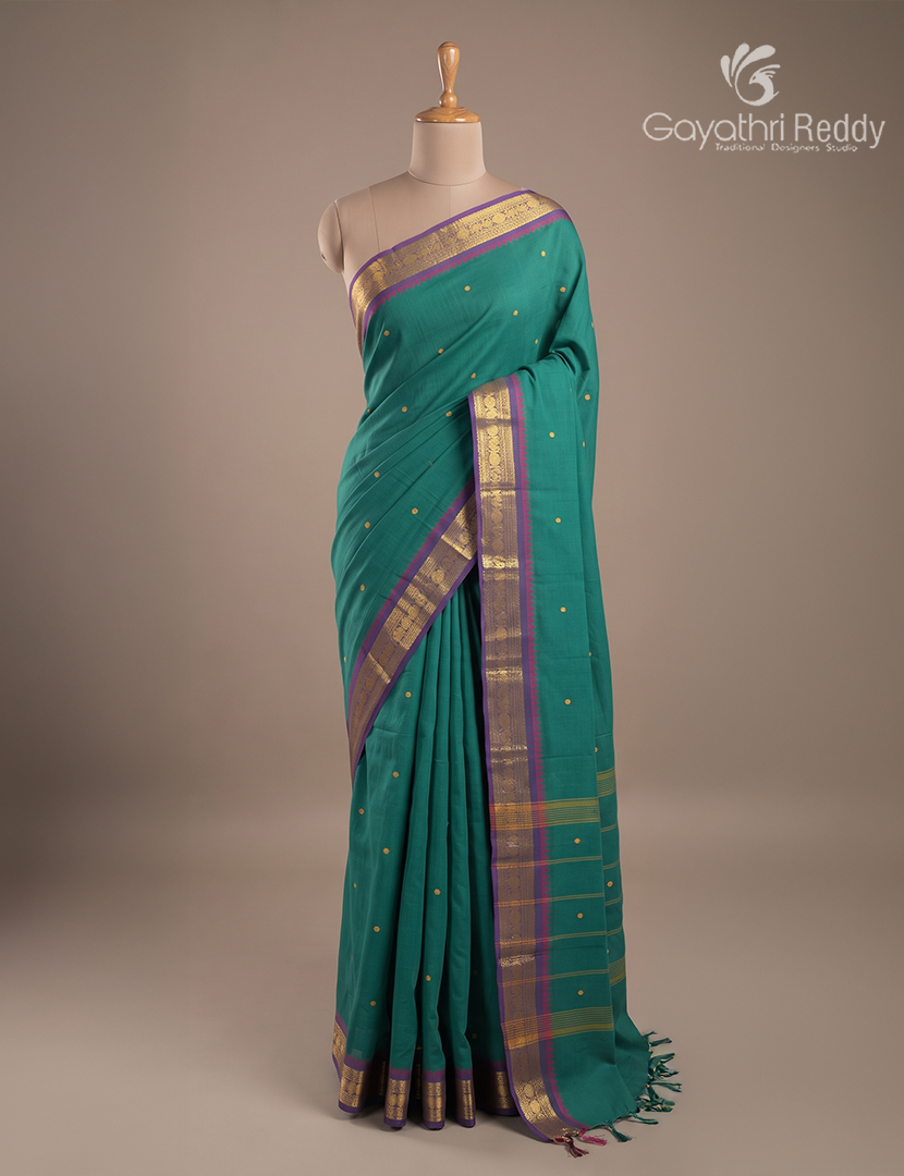 Pure Handloom Cotton Saree in Deep Rama Green