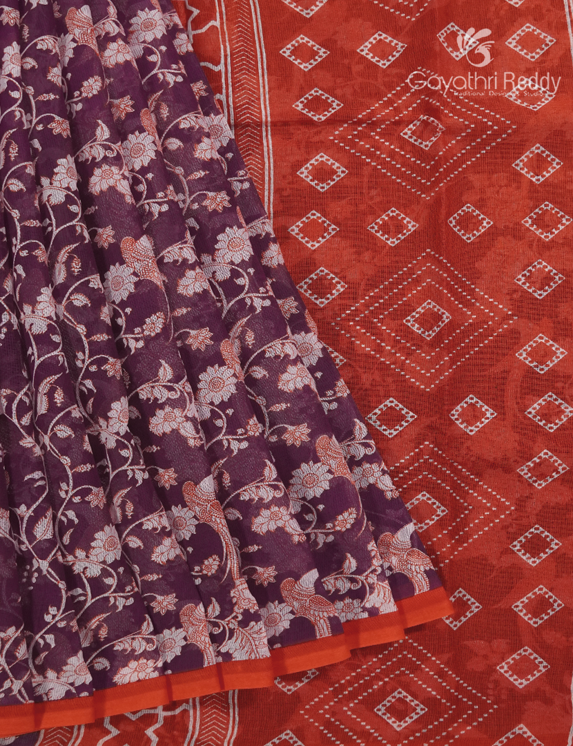 Munga Cotton Saree in Deep Wine and Orange