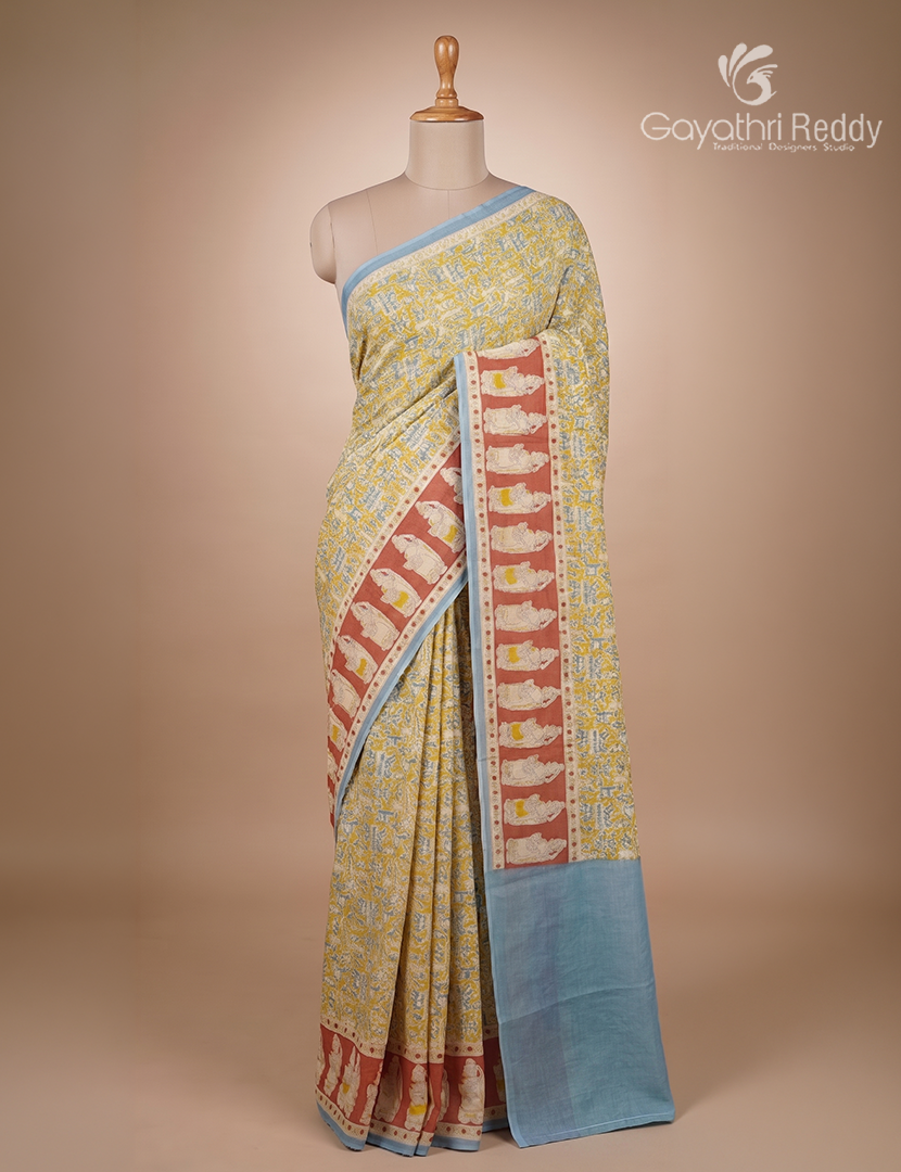Pure MulMul Cotton Saree in Lime Green and Aqua Blue