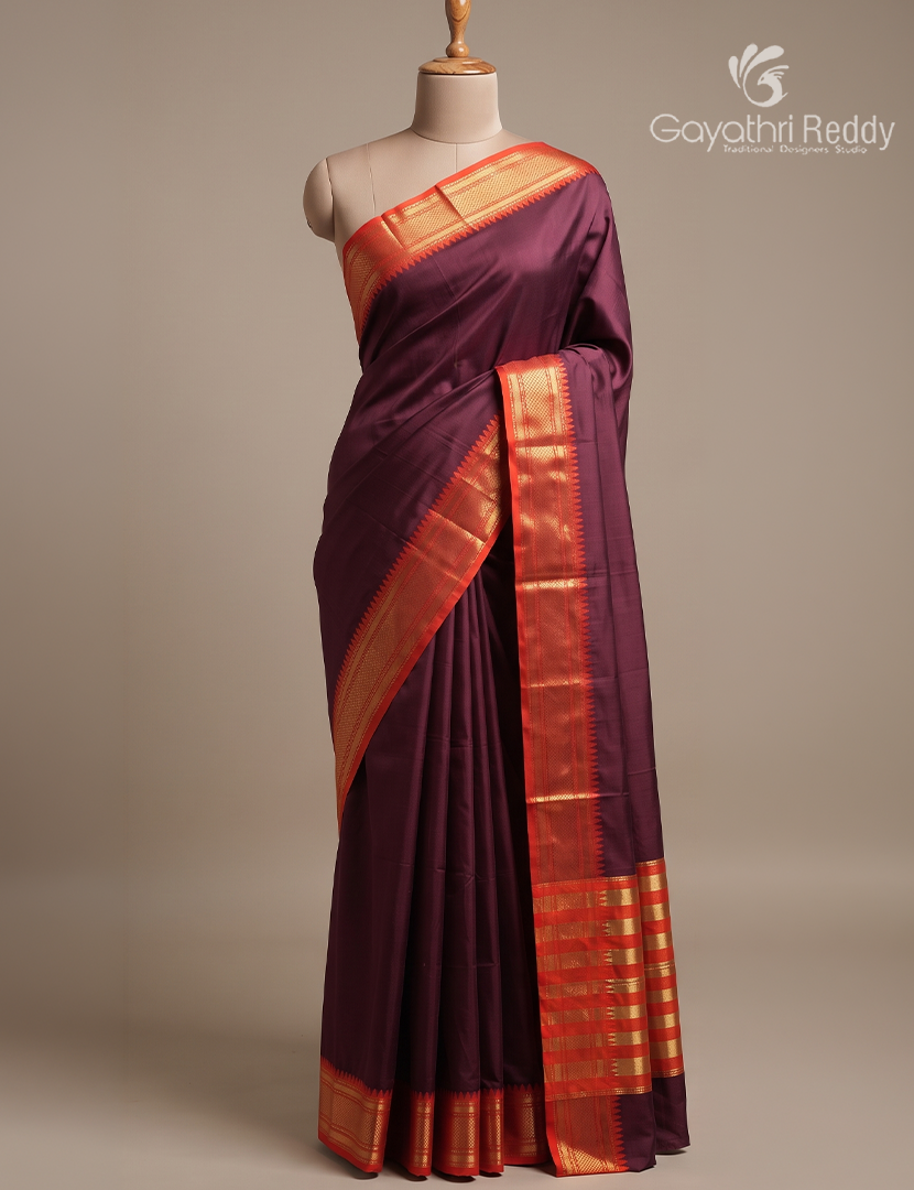 Semi Gadwal Saree in Brown and Deep Red