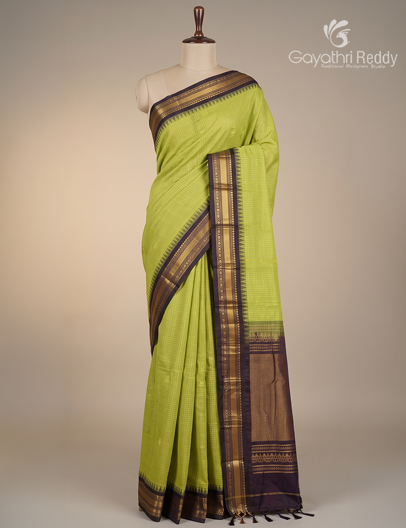 Pure Gadwal Cotton Saree in Apple Green and Deep Brown