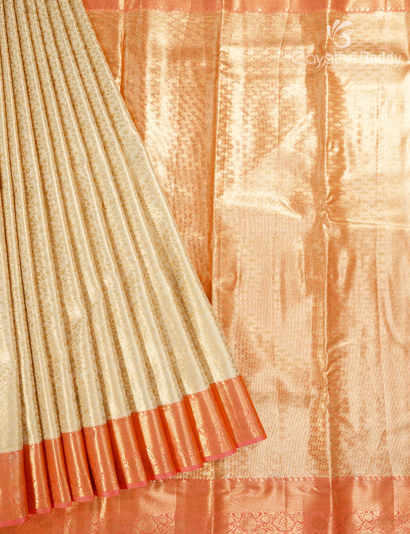 Semi Kanchipuram Silk Saree in Golden Cream and Peach