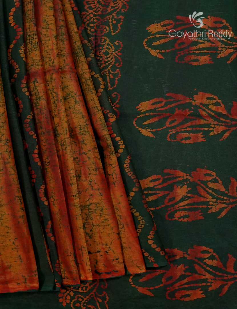 Cotton Batik Print Saree in Bottle Green and Rust Orange