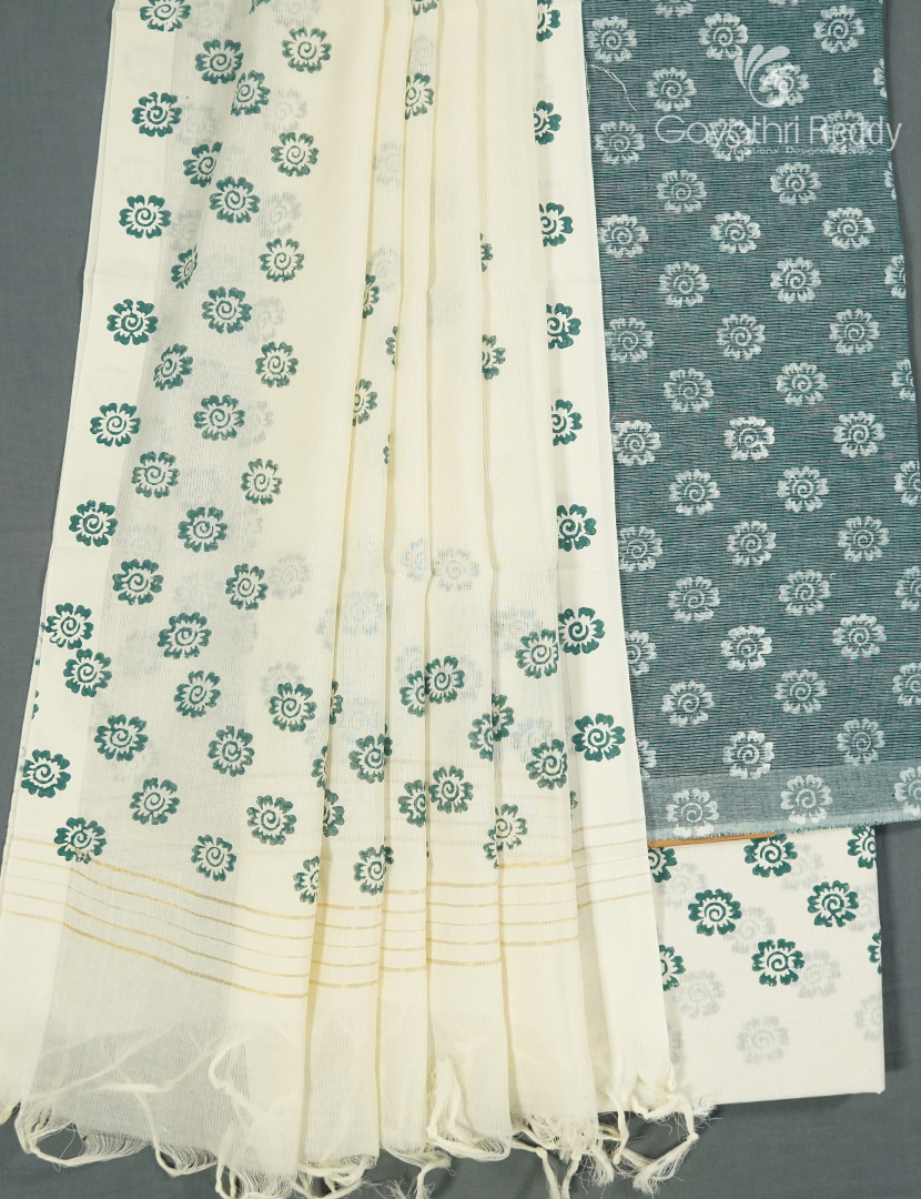 Cotton Dress Material Printed in Grey and Cream