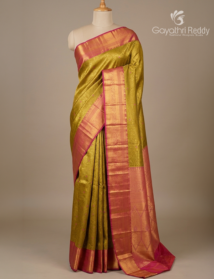 Semi Kanchipuram Silk Saree in Mehendi Green and Pink