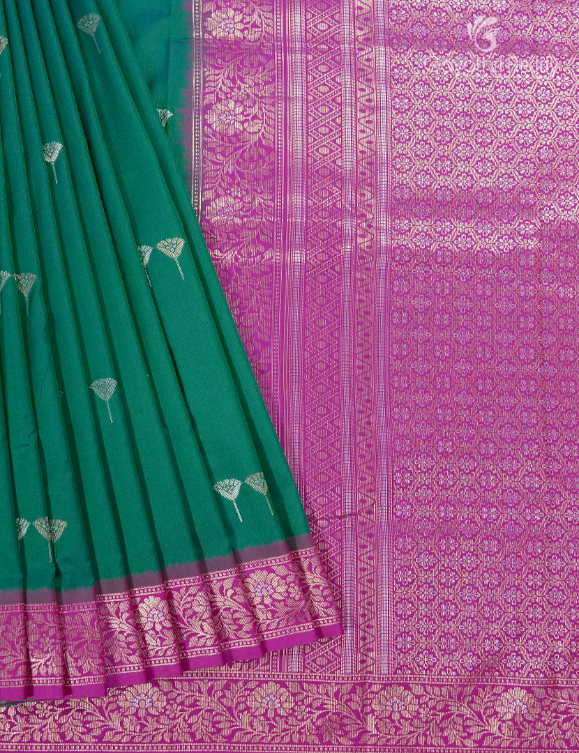 Semi Kanchipuran Silk Saree in Rama Green and Pink