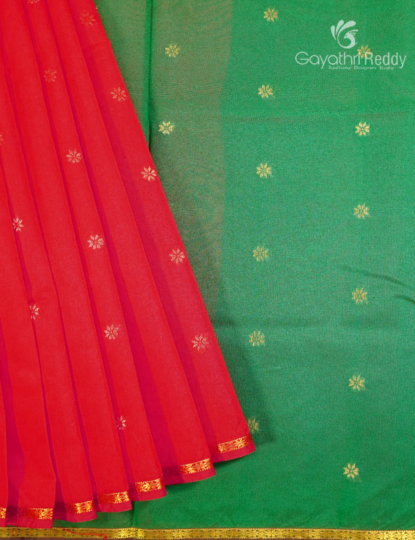 Silk Cotton Saree in Ruby Pink and Parrot Green