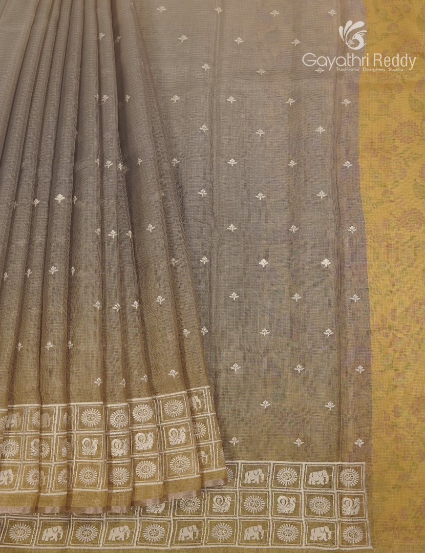 Silk Kota Saree in Grey and Mustard