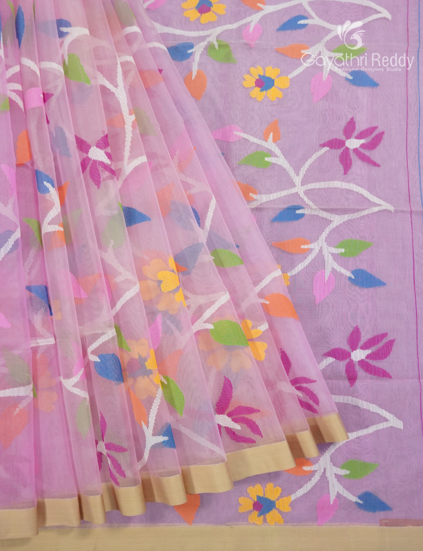 Pure Jamdani Kora Saree in Baby Pink