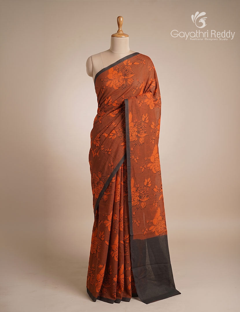 Pure MulMul Cotton Saree in Deep Rust and Black