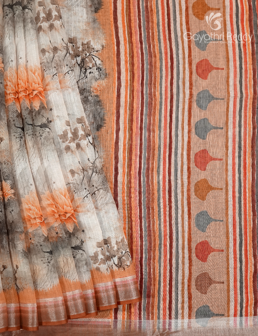 Linen Silk Saree in Cream and Rust Orange