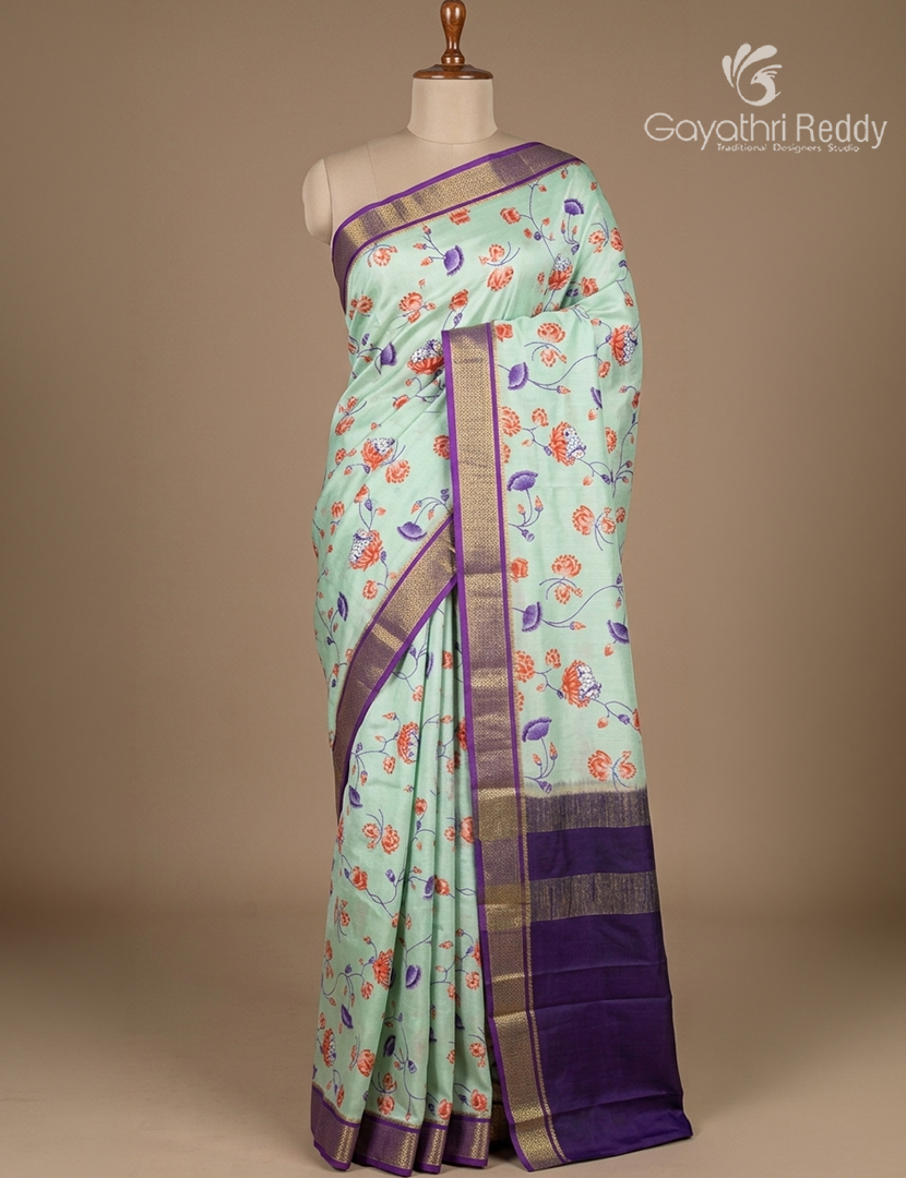 Pure Mysore Silk Saree in Sea Foam Green and Navy Blue