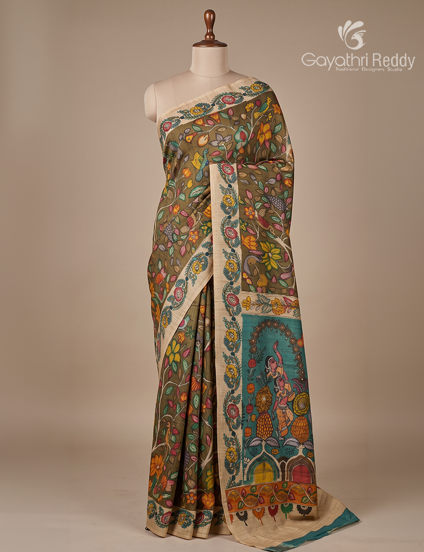 Semi Tussar Silk Saree in Deep Dry Mehendi and Sea Foam Green