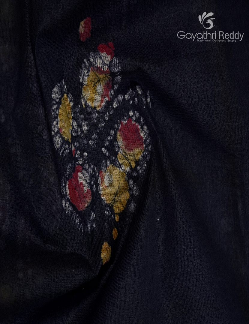 Cotton Batik Print Saree in Deep Navy Blue